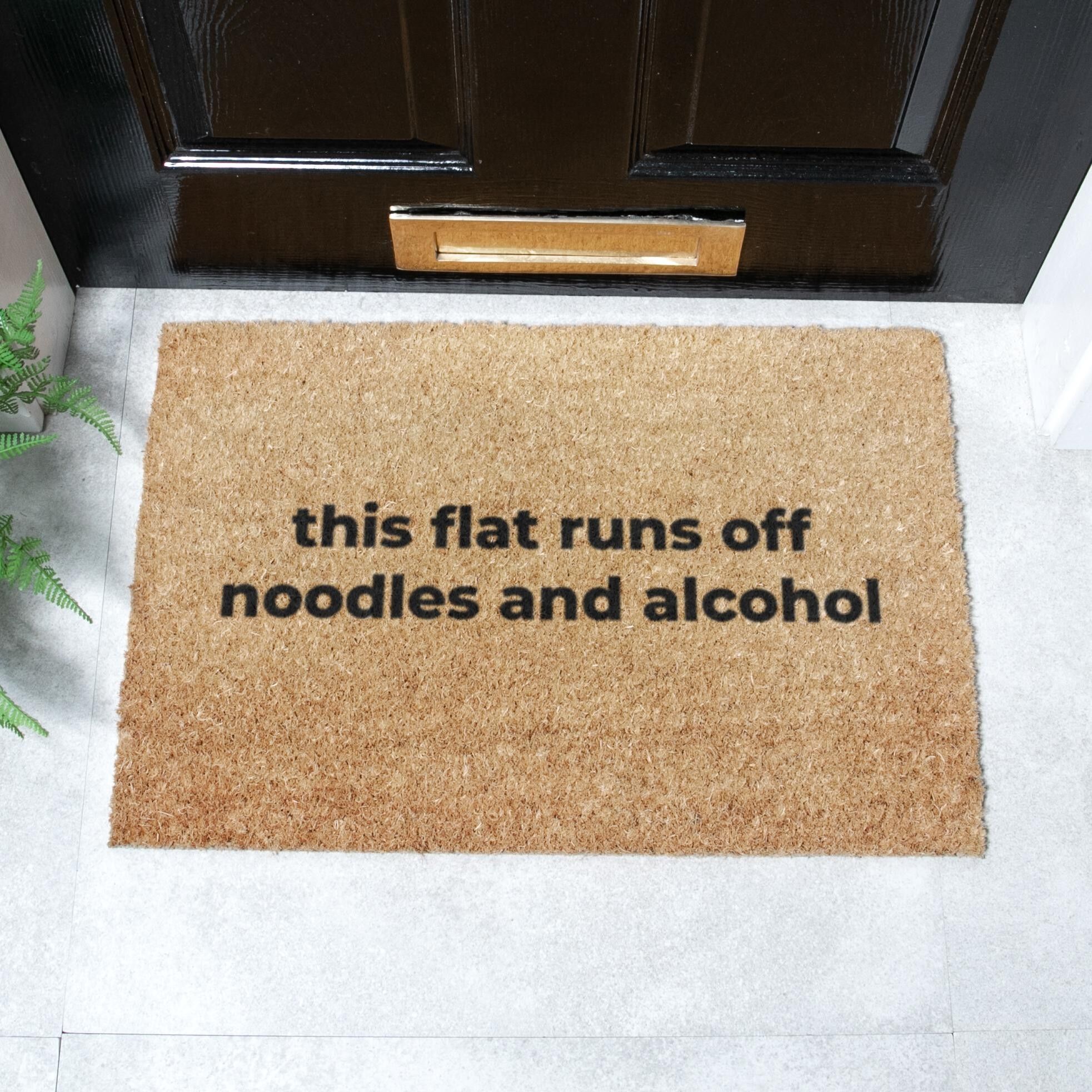 Fußmatte mit Aufschrift „This Flat Runs Off Noodles and Alcohol“ (60 x 40 cm)