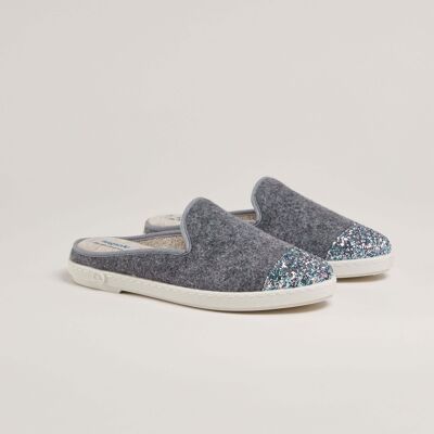 Mule femme laine, gris paillettes