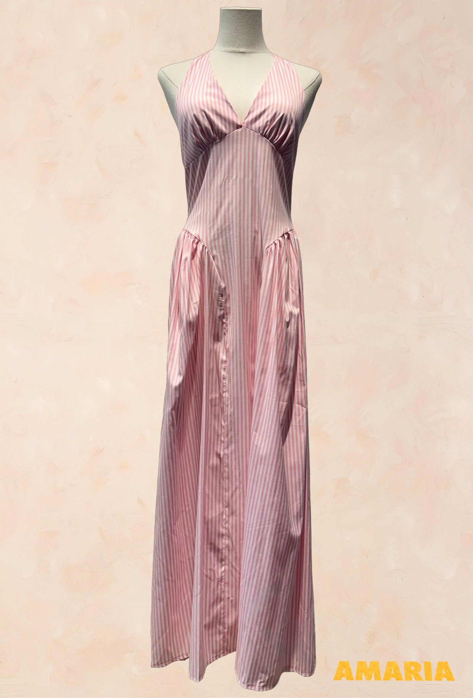 Blau gestreiftes langes Kleid – 100 % Baumwolle – 6901