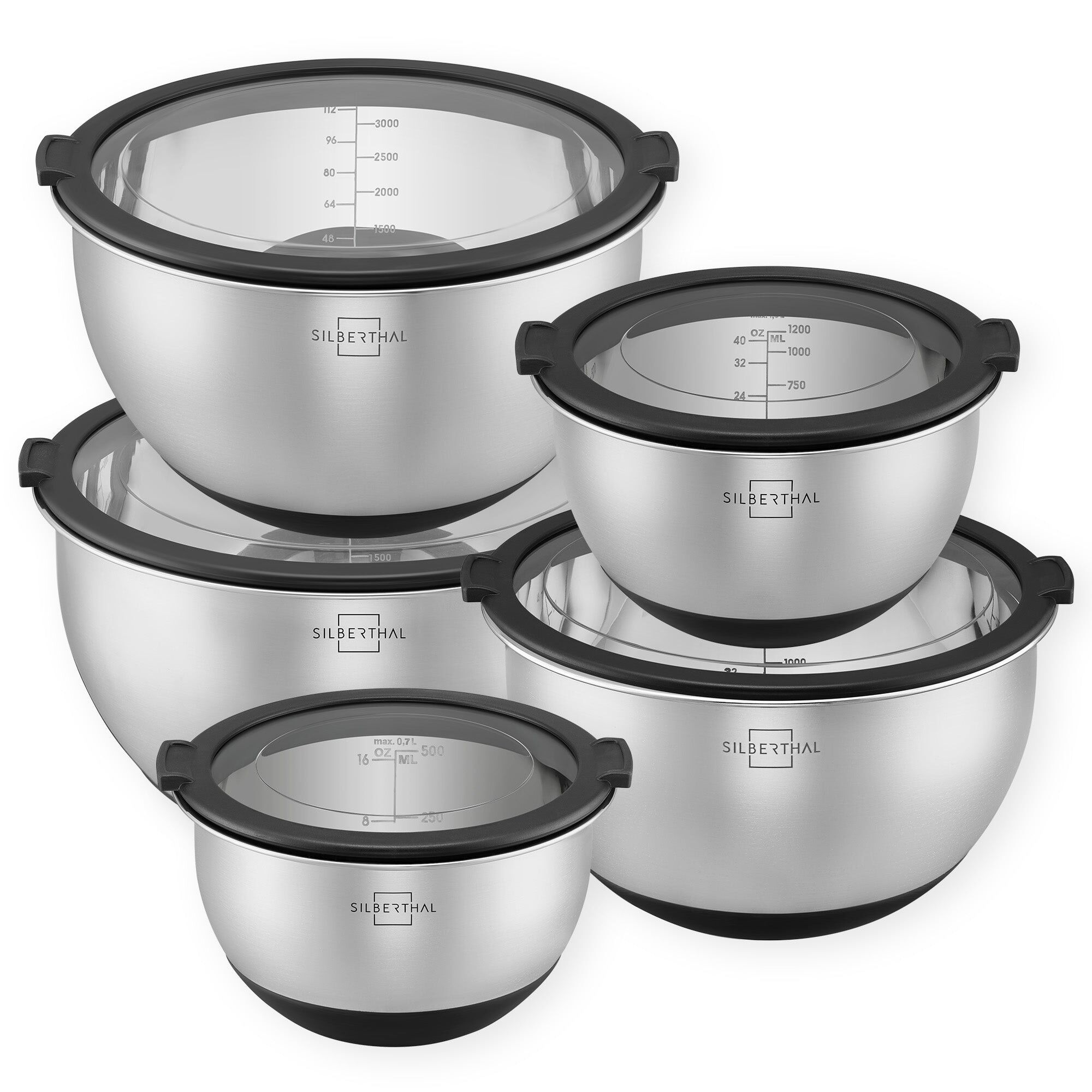 Ciotole in acciaio inox con coperchio - set da 5