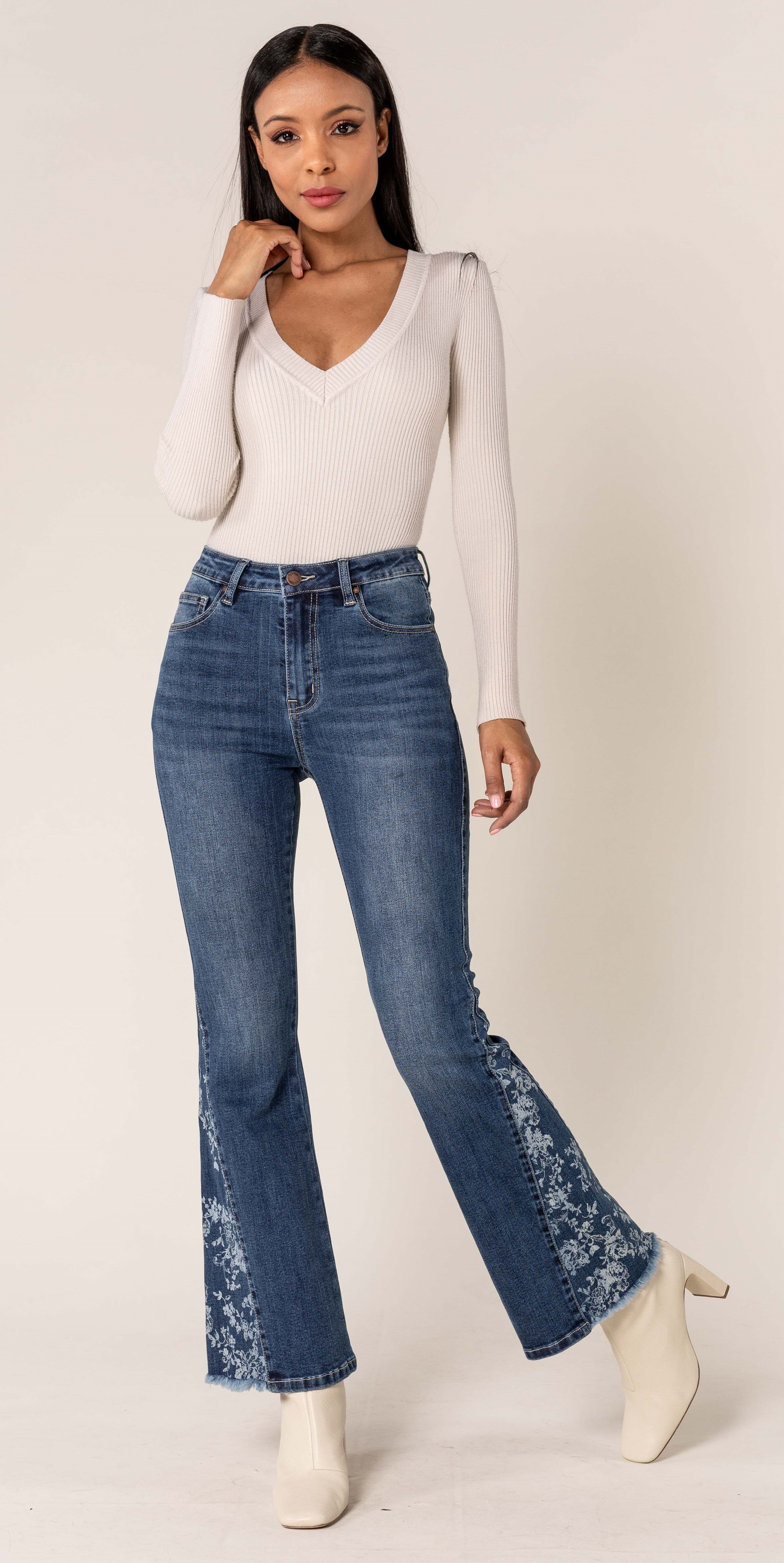 Nina Carter Bootcut-Schlagjeans, Blumendruck, Stretch, Q1898