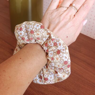 ABBY scrunchie / cotton printed with beige, terracotta, yellow flowers, made in France