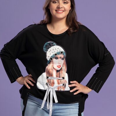 T-shirt grande taille surpiqué avec motif (A932)