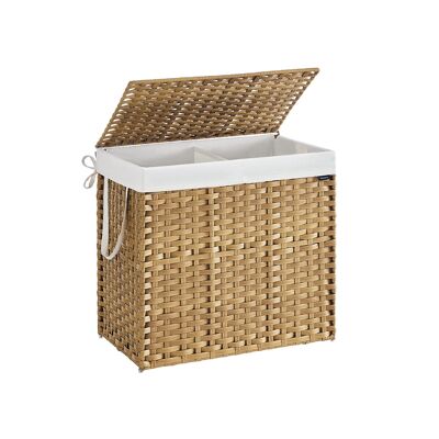 Cesta para la ropa sucia de ratán sintético con 2 compartimentos, color natural, 66 x 40 x 61 cm