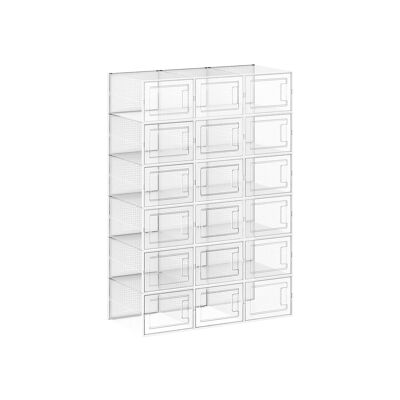 Juego de 18 cajas de zapatos apilables de 35 x 25 x 18.5 cm (largo x ancho x alto) Dimensiones internas por caja: 31 x 24.5x17. 5 cm