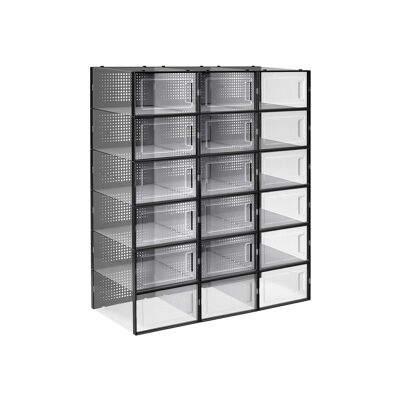 Juego de cajas de zapatos apilables de 18 y 33 unidades.3 x 23 x 14 cm (Largo x Ancho x Alto) - Dimensiones internas por caja: 30 x 22.5 x 13. 5 cm