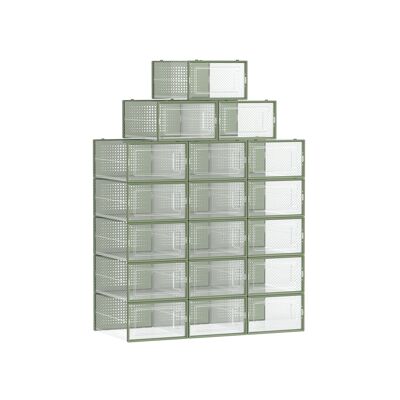 Cajas de zapatos set de 18 cajas plegables y apilables transparente-verde laurel, 33.5 x 23.2 x 14.3 cm (largo x ancho x alto) Dimensiones internas por caja: 31.2x22.5 x 13. 5 cm