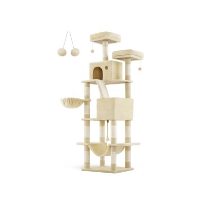 Grand arbre à chat beige à plusieurs niveaux, 60 x 50 x 206 cm