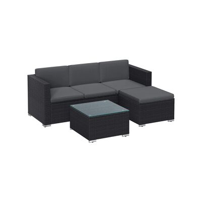 Conjunto de muebles de jardín con cojines y mesa de cristal negro-gris, 60 x 173 x 66 cm (profundidad x anchura x altura) Dimensiones del reposapiés: 58 x 58 x 34 cm (profundidad x anchura x altura) Dimensiones de la mesa de centro: 58 x 58 x 34 cm