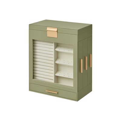 Coffret à bijoux 5 niveaux grand miroir vert laurier-or métallisé, 15.5x26.1 x 32 cm