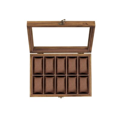Caja para relojes con 10 compartimentos fabricada en madera maciza, color nogal, 20.5 x 29 x 8. 5 cm