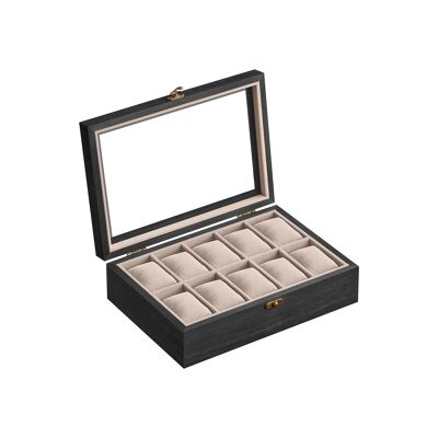 Caja para relojes de madera maciza con 10 compartimentos, 20.5 x 29 x 8. 5 cm