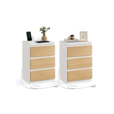 Bedside table set of 2 with drawers and charging station, cloud white-almond yellow, 35 x 40 x 59 cm