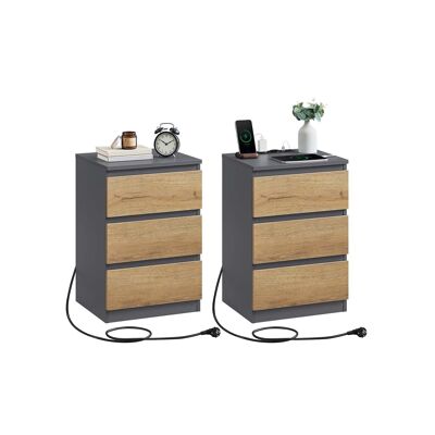 Bedside table set of 2 with drawers and charging station ebony black, 35 x 40 x 59 cm