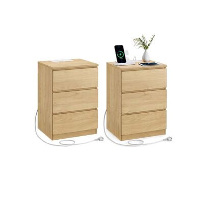 Bedside table set of 2 with drawers and charging station, straw yellow, 35 x 40 x 59 cm