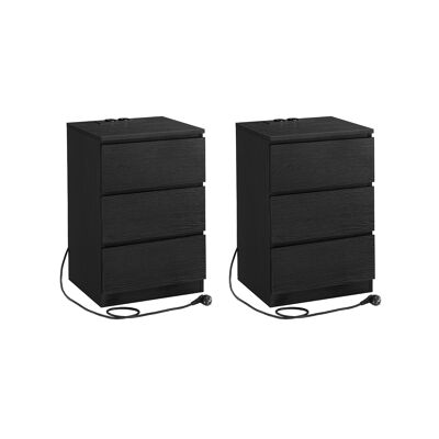 Bedside table set of 2 with 2 USB ports, modern, ebony black, 35 x 40 x 59 cm