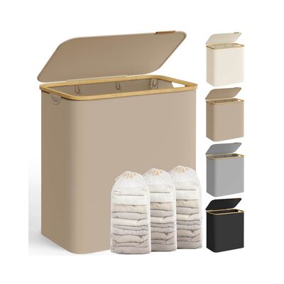 Cesto para ropa 150 L con tapa y 3 compartimentos 60x38.5 x 70.5 cm marrón camello