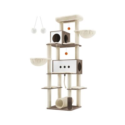 Scratching post with 2 holes and 2 lying places, greige, 60 x 60 x 197 cm
