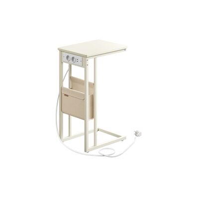 Mesa auxiliar en forma de C con 2 enchufes, blanco crema, 30 x 40 x 62 cm