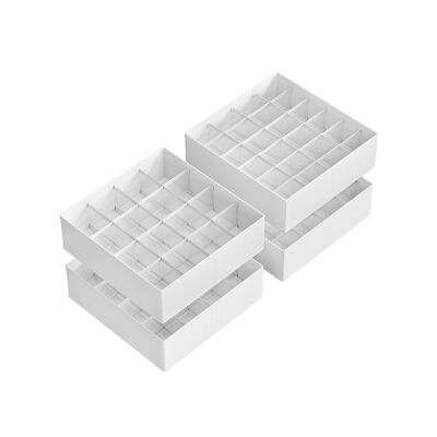 Ensemble de 4 organiseurs de sous-vêtements avec 80 compartiments, blanc crème, 30 x 30 x 10 cm (P x L x H) Dimensions de chaque grand compartiment : 7.6x7.6 cm Dimensions de chaque petit compartiment : 7.6 x 5 cm