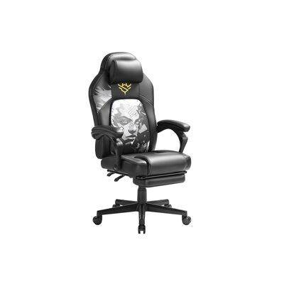 Chaise de jeu réglable en hauteur avec repose-pieds noir encre, 70 x 70 x (119-129) cm (P x L x H) Hauteur d'assise : 47-57 cm Dimensions de l'assise : 53 x 51 cm (L x l) Hauteur des accoudoirs (à partir du siège) : 23 cm