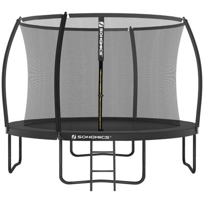 Cama elástica de 305 cm de diámetro, cama elástica de jardín para niños con red de seguridad, barras curvas de 180 cm de alto, cubierta de borde, escalera, estructura de acero, color negro STR102B01