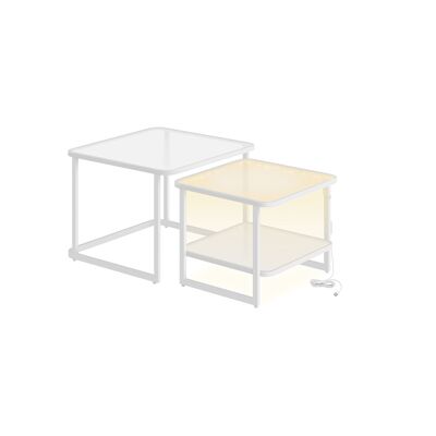 Juego de 2 mesas de centro con luz LED, color blanco nube-blanco perla, 60 x 60 x 45 cm (profundidad x anchura x altura). Dimensiones de la mesa pequeña: 50 x 50 x 40 cm.