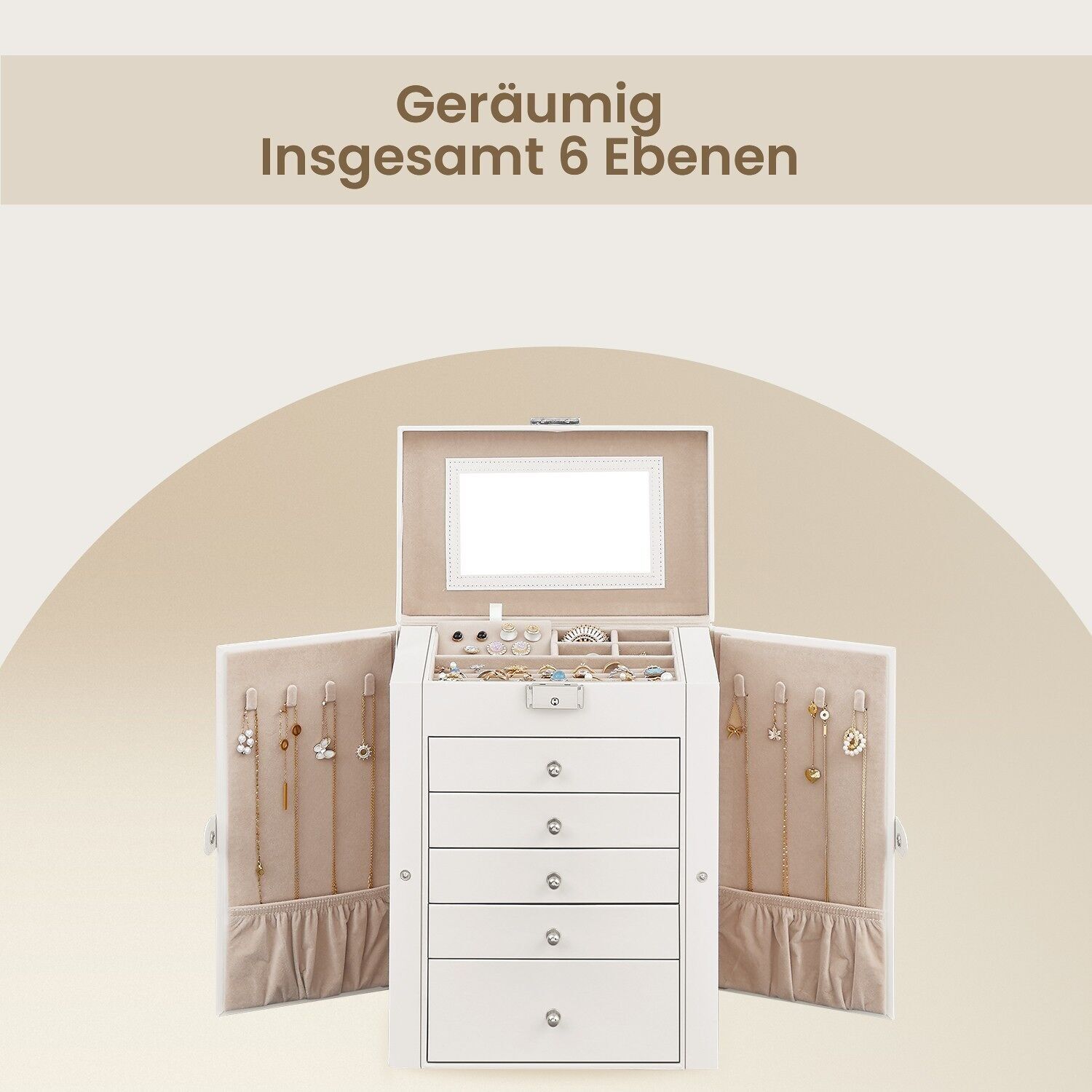 Jewelry box 6 levels, jewelry box with 5 drawers, with mirror, 26 x 15.5 x 32 cm