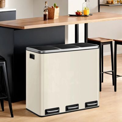 Pattumiera per rifiuti da cucina, 3 x 18 L, sistema di separazione dei rifiuti a 3 scomparti, 61 x 31.5 x 55.5 cm (L x P x A) - Altezza totale (con coperchio aperto): 84.5 cm - Dimensioni per secchio interno: 18 x 26.5 x 49 cm (L x P x A) - Dimensioni del pedale: 11 x 3.5 cm