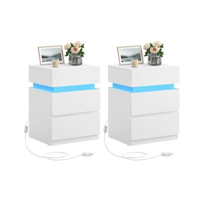 Bedside table set of 2 with LED lighting and 3 drawers white, 35 x 40 x 55 cm