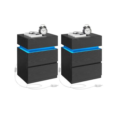 Bedside table set of 2 with LED lighting and 3 drawers black, 35 x 40 x 55 cm