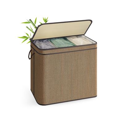 Panier à linge en bambou 170 litres avec 3 compartiments et couvercle marron, 67 x 44 x 61 cm