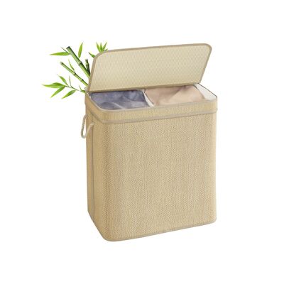 Panier à linge en bambou 130 litres avec 2 compartiments et couvercle, couleur naturelle, 67 x 44 x 61 cm