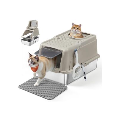 Lettiera per gatti in acciaio inox con paletta e spazzola, beige cappuccino, 61 x 41 x 36.5 cm