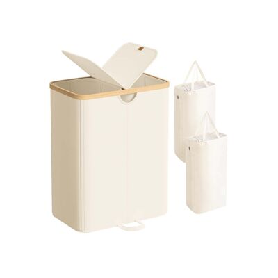Panier à linge à deux compartiments avec couvercle, blanc crème et beige naturel, 52 x 38.5 x 75 cm