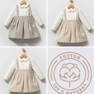 Lot de quatre robes chasubles en tissu texturé naturel pour fille avec body intégré, tailles 2 à 5 ans