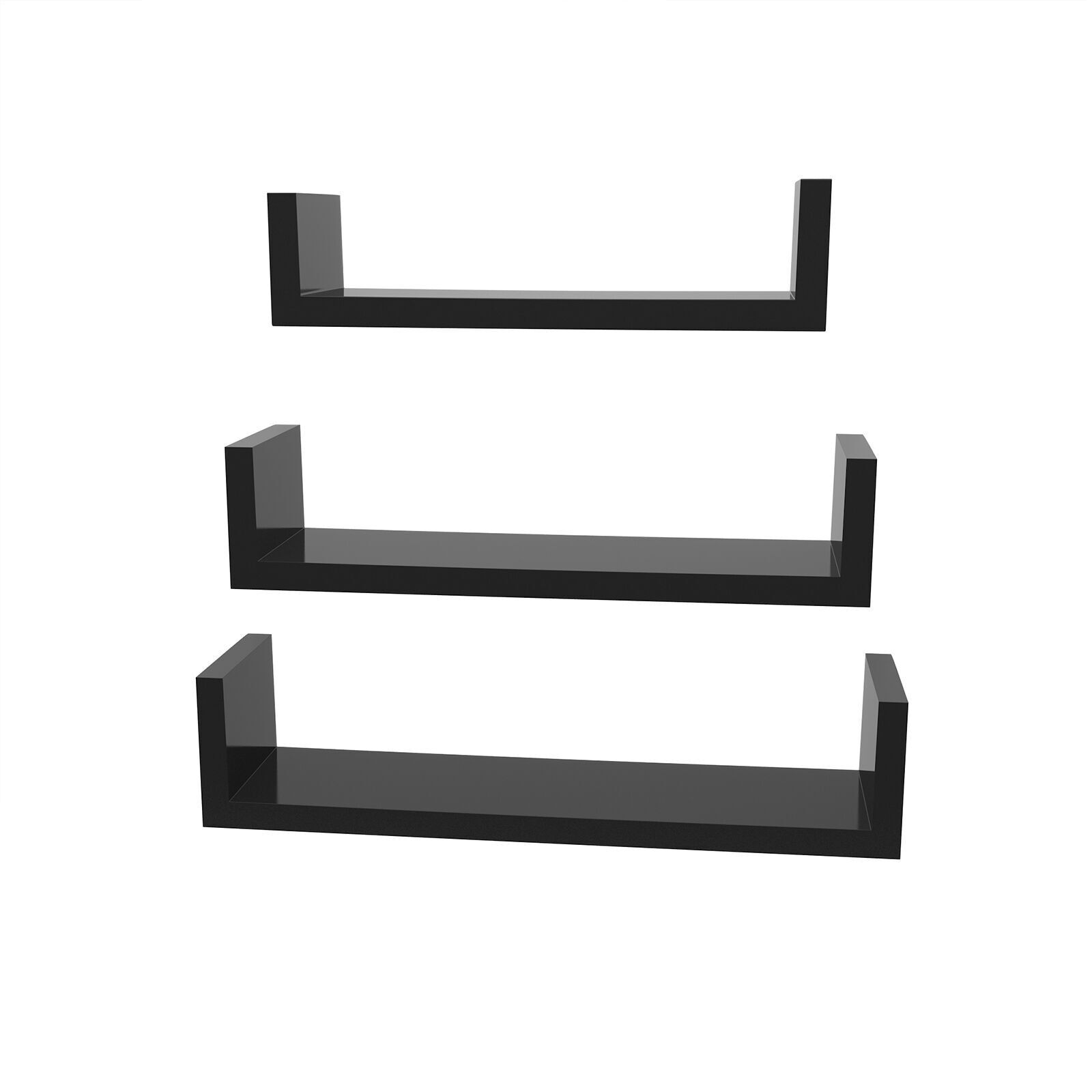 Floating shelves, set of 3, black, 40 x 9 x 10 cm; 35 x 8 x 10 cm; 30 x 7 x 10 cm (W x H x D); Panel thickness: 1.5 cm