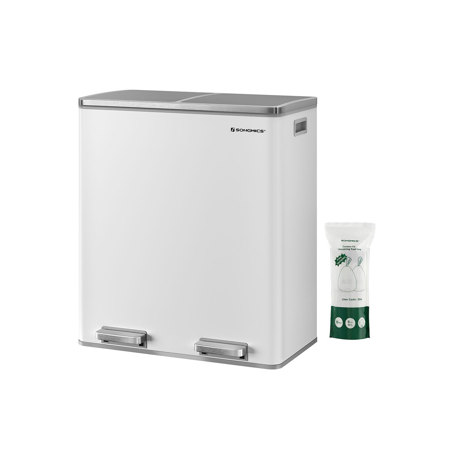 Pedal bin with 2 compartments, 58.6 x 32 x 65 cm (L x W x H) - Inner bucket dimensions: 27 x 27 x 58.5 cm (L x W x H) - Total height (with lid open): 94 cm