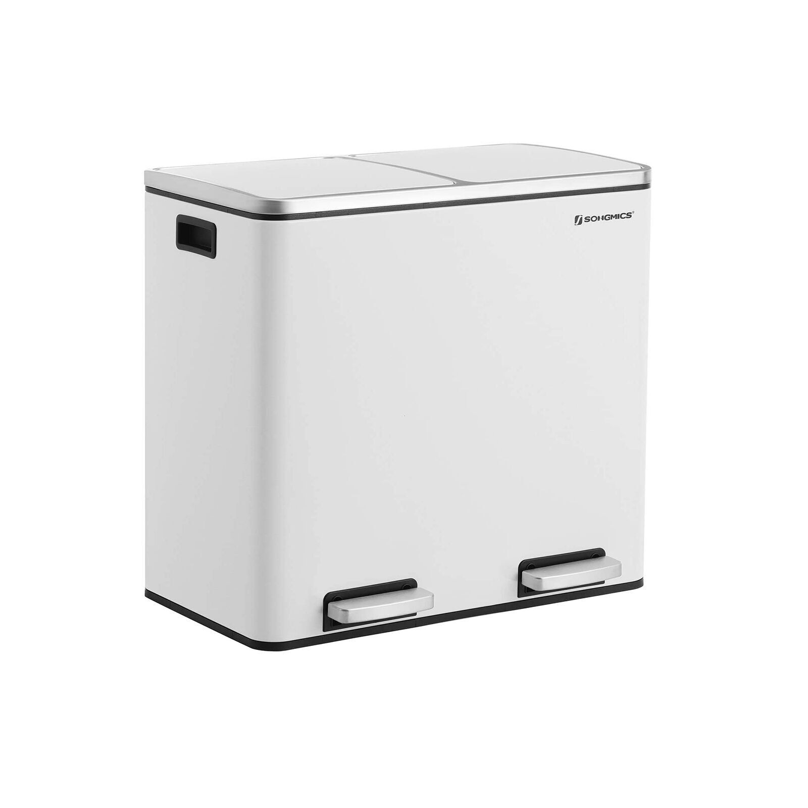 2-compartment waste bin, 58.5 x 32 x 54.5 cm (L x W x H) Dimensions per inner bucket: 27.5 x 26.5 x 48 cm (L x W x H) Total height (with lid open): 83 cm