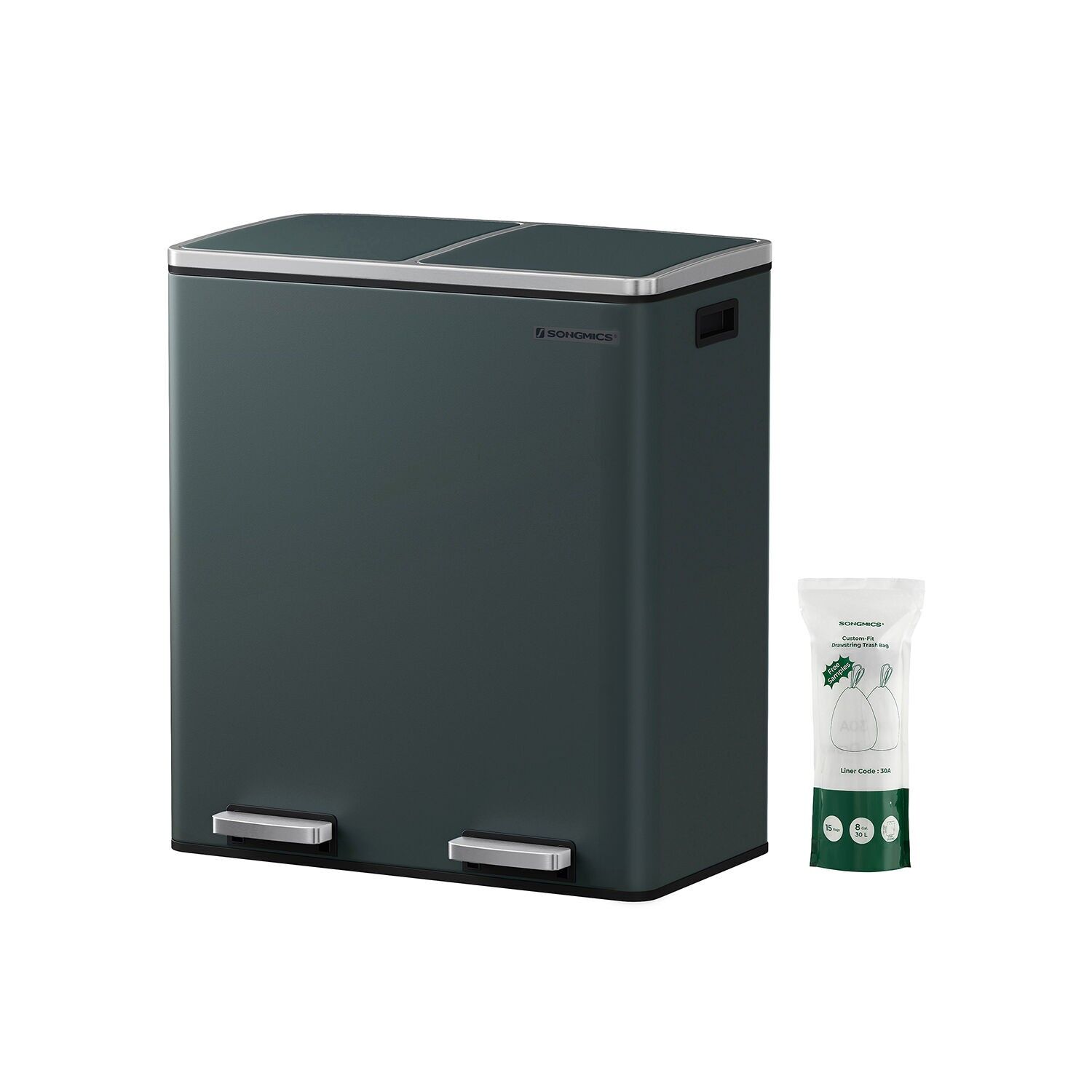 Waste bin 60 liter (2 x 30 L) gray, 58.6 x 32 x 65 cm (L x W x H) - Inner bucket dimensions: 27 x 27 x 58.5 cm (L x W x H) - Total height (with lid open): 94 cm