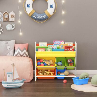 Children's toy and book shelf, 86 x 78 x 27 cm (W x H x D). Box material: environmentally friendly PP plastic. Box color: orange, yellow, blue, green. Small box size: 30.5 x 12 x 20 cm (W x H x D) each. Large box size: 41 x 12 x 29.5cm s
