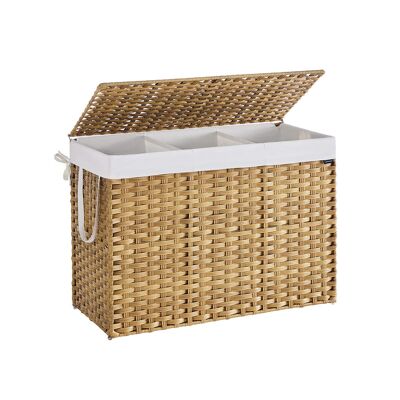 Cesta para la ropa sucia de ratán sintético con 3 compartimentos, color natural, 86 x 40 x 61 cm