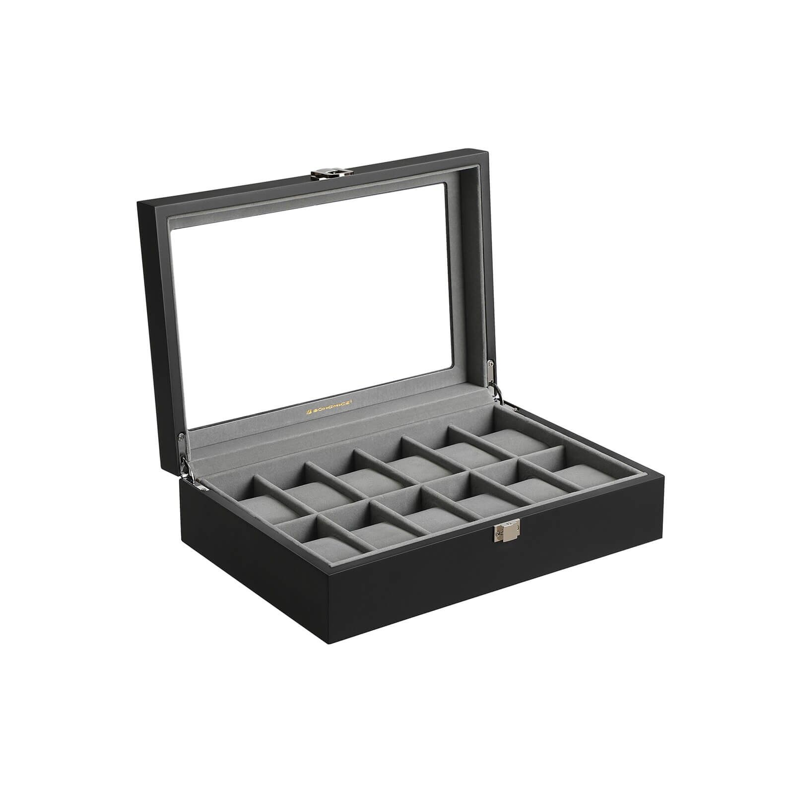 Charming watch box for 12 watches, 31.2 x 8.5 x 21.2 cm (W x H x D) Dimensions per compartment: 9 x 4.5 cm