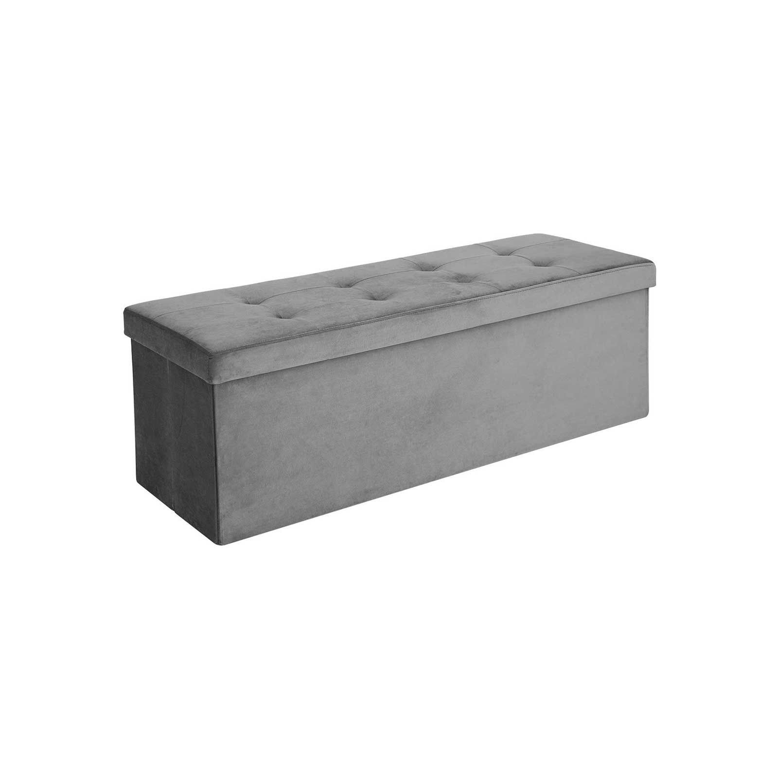 Coffre de rangement 120 L velours gris, 110 x 38 x 38 cm (L x l x H) Dimensions intérieures : 107 x 34.5 x 33 cm (L x l x H) Dimensions plié : 110 x 38 x 7.5cmm