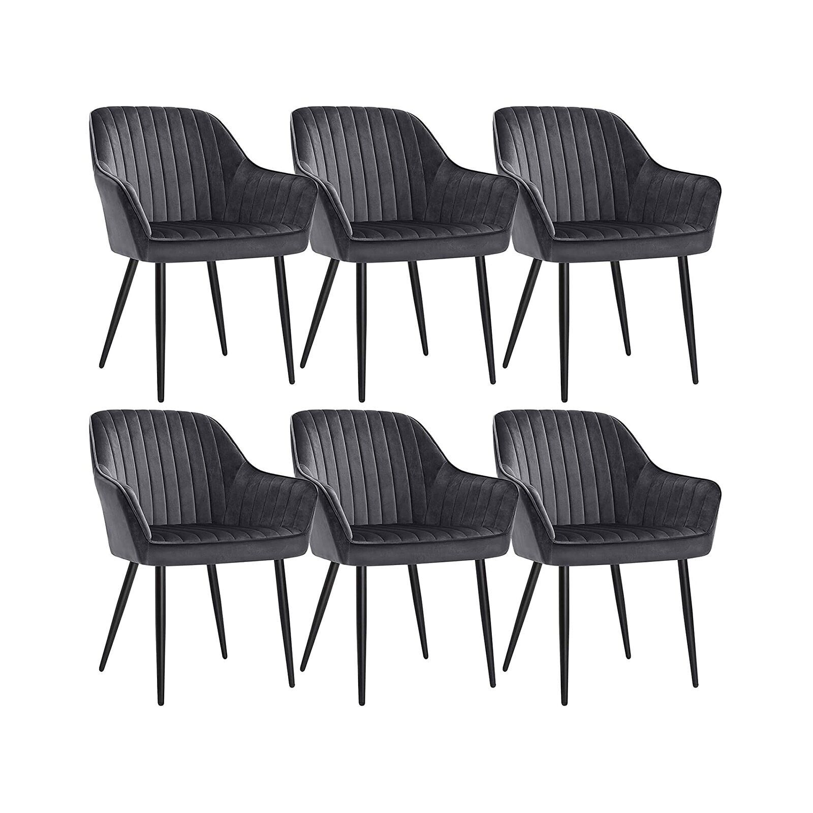 Ensemble de 6 chaises de salle à manger avec pieds en métal gris, 62.5 x 60 x 85 cm (L x l x H) Hauteur d'assise : 50 cm Largeur d'assise : 49 cm Profondeur d'assise : 44.5 cm Hauteur du dossier : 39.5 cm Hauteur de l'accoudoir (à partir du sol) : 64 cm Épaisseur du coussin d'assise : 7 cm