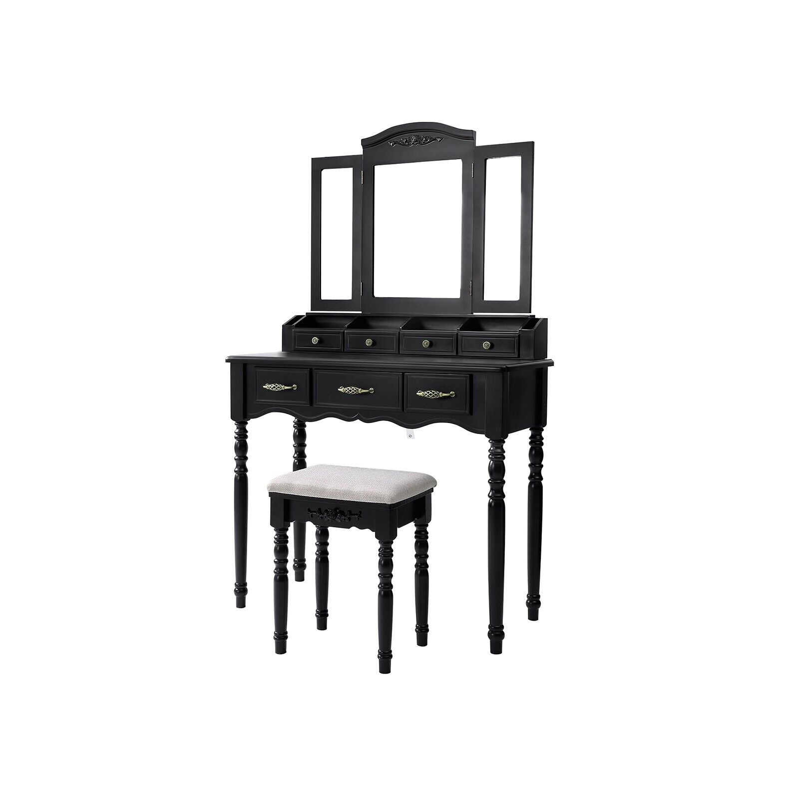 Coiffeuse 7 tiroirs noire, 90 x 40 x 148 (L x l x H) - Dimensions tabouret : 40.5x30.5 x 46 cm
