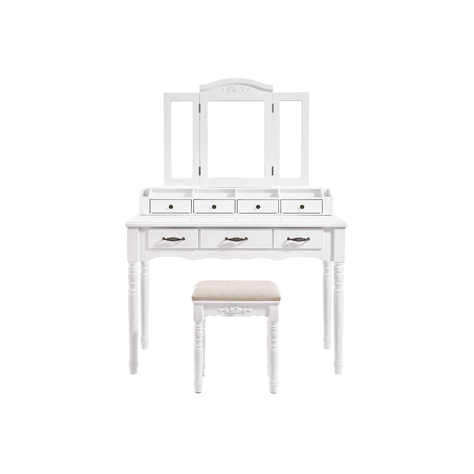 Coiffeuse avec 7 tiroirs, 90 x 40 x 148 (L x l x H) - Dimensions du tabouret : 40.5x30.5 x 46 cm