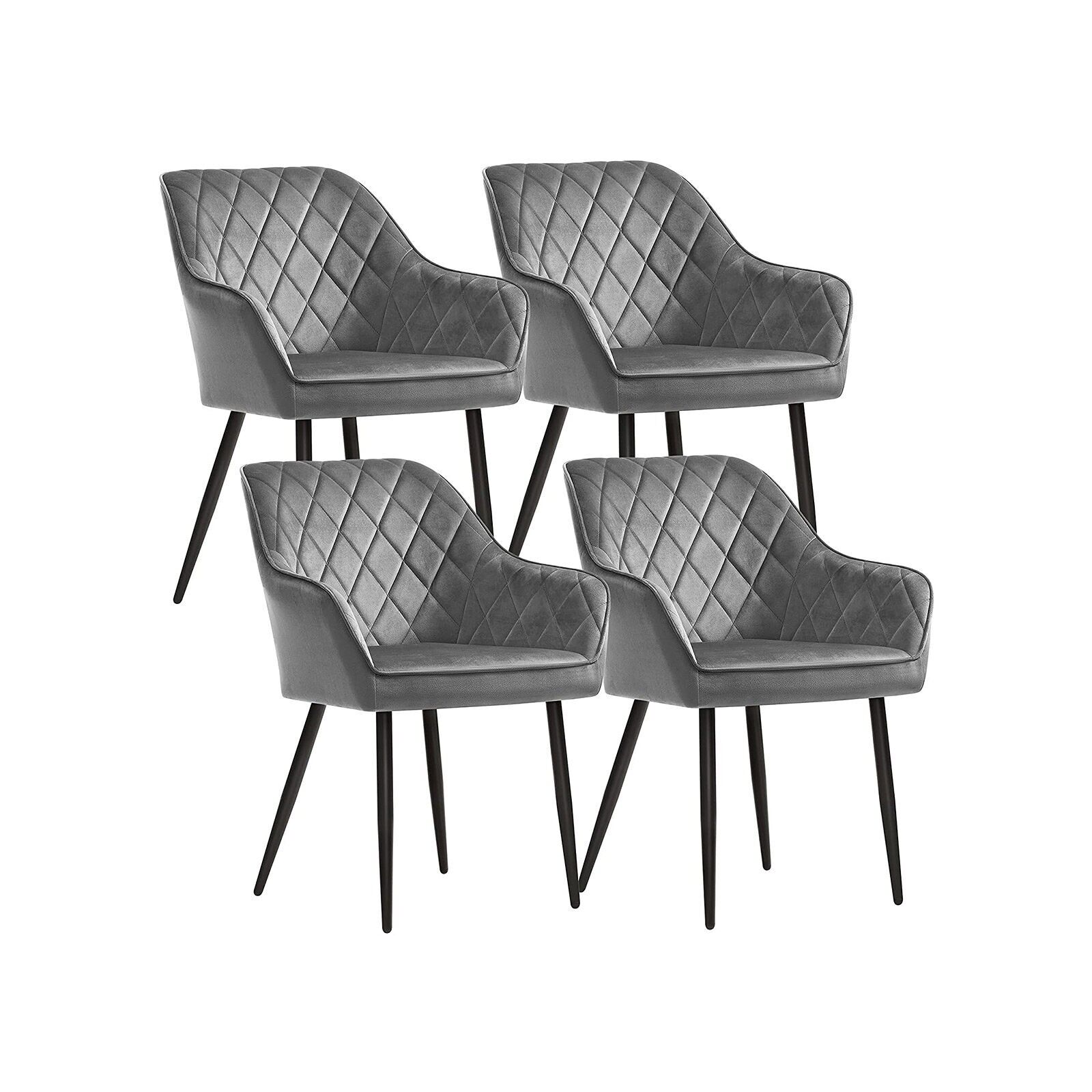 Lot de 4 chaises rembourrées gris clair, 62.5 x 60 x 85 cm (L x l x H) Hauteur d'assise : 50 cm Largeur d'assise : 49 cm Profondeur d'assise : 44.5 cm Hauteur du dossier : 39.5 cm Hauteur de l'accoudoir (à partir du sol) : 64 cm Épaisseur du coussin d'assise : 7 cm