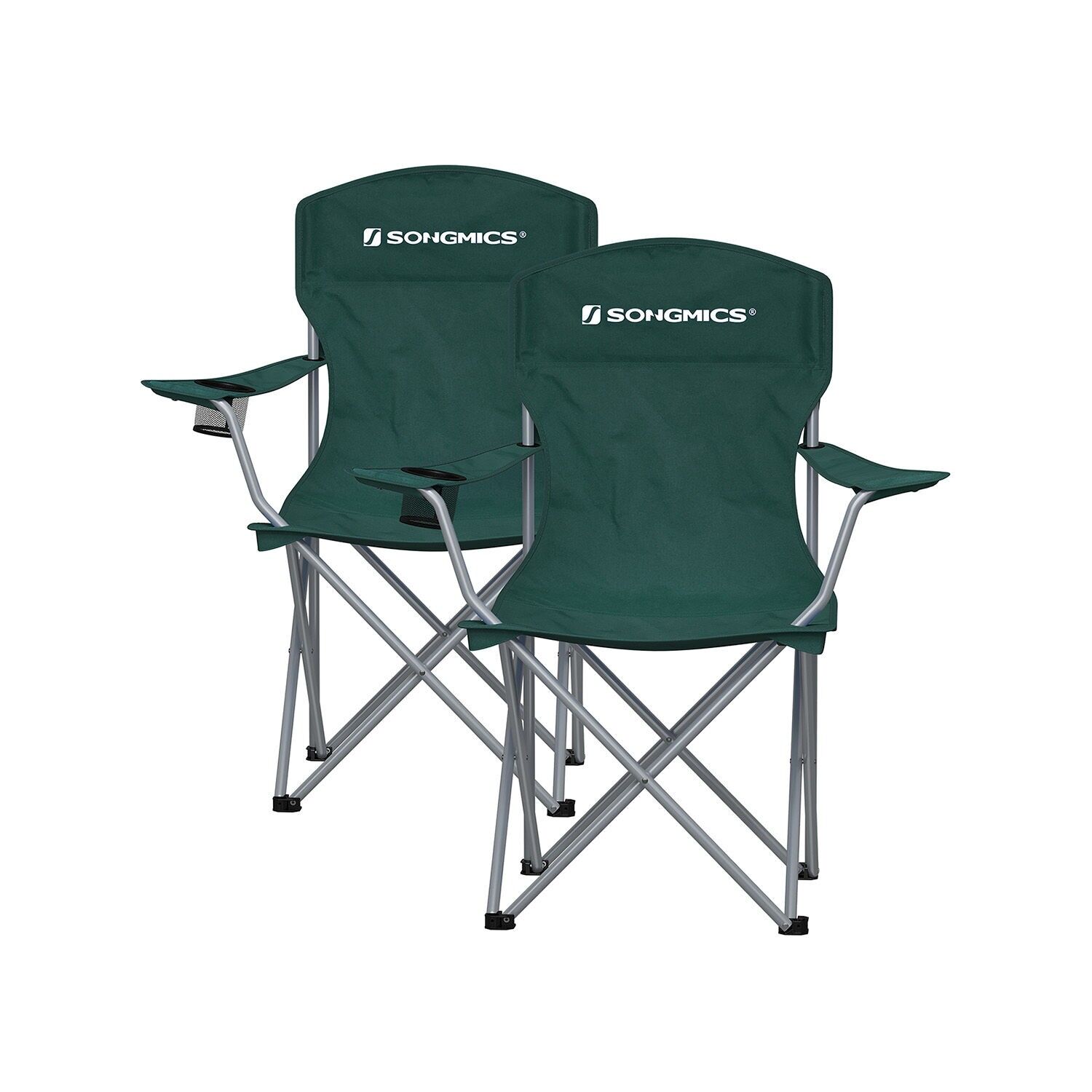 Camping Chair Set of 2 with Cup Holder, Dark Green, 54 x 86 x 97 cm (D x W x H) Dimensions per chair when folded: 13 x 90 x 13 cm (D x W x H) Seat surface: 42 x 42 cm (D x W) Backrest height: 54 cm Distance between seat and floor: 43 cm