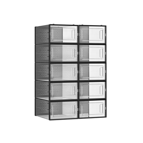 12-piece plastic shoe box set up to size 44, 33.5 x 23.2 x 14.3 cm (L x W x H) Internal dimensions per shoe box: 31.2 x 22.5 x 13.5 cm